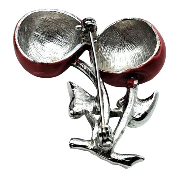 Vintage Cherry Brooch Enamel With Clear Rhinestone Leaves Figural Pin Costume Je - Picture 9 of 10